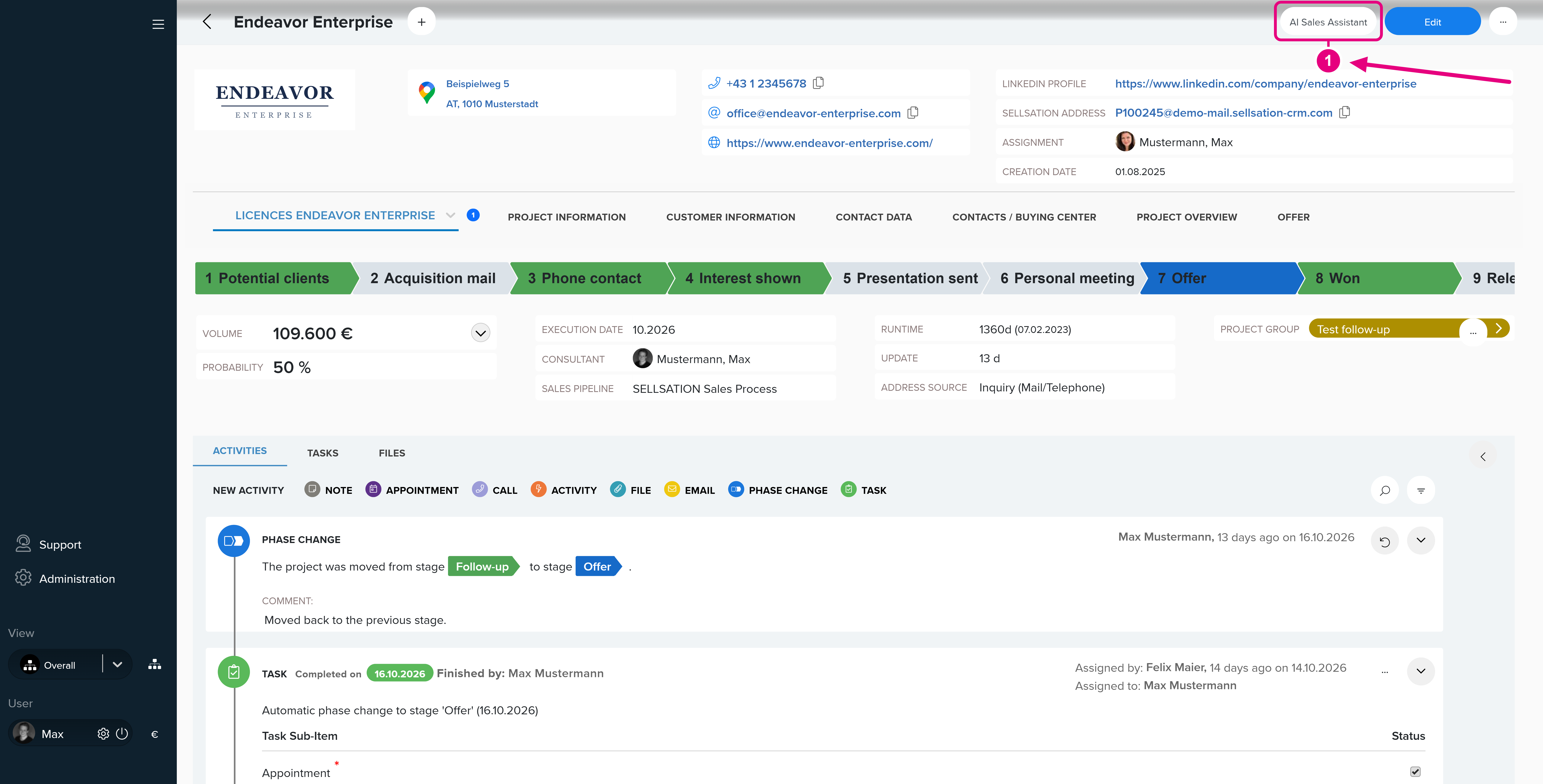 Detail view with the AI Sales Assistant button